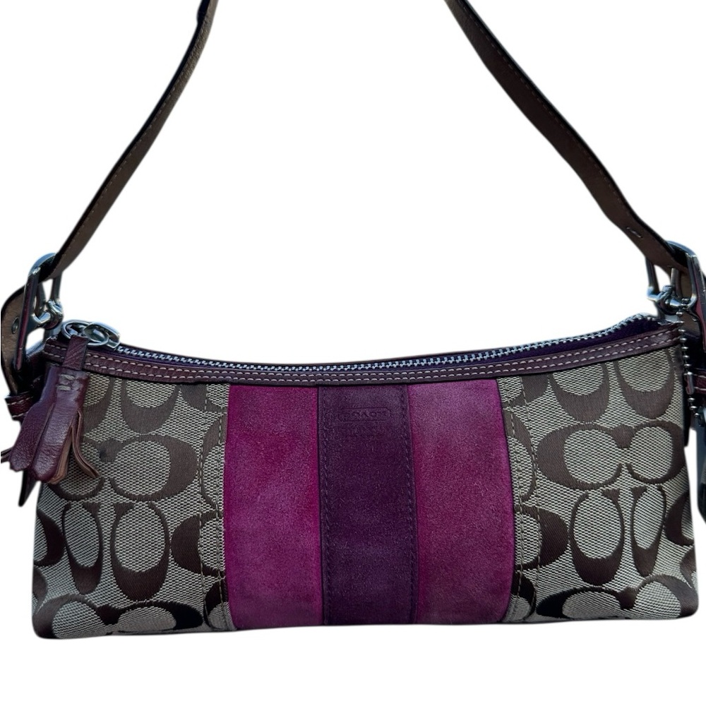 Coach YK2 vintage  Demi suede baguette - signature logo  Plum/ purple .
